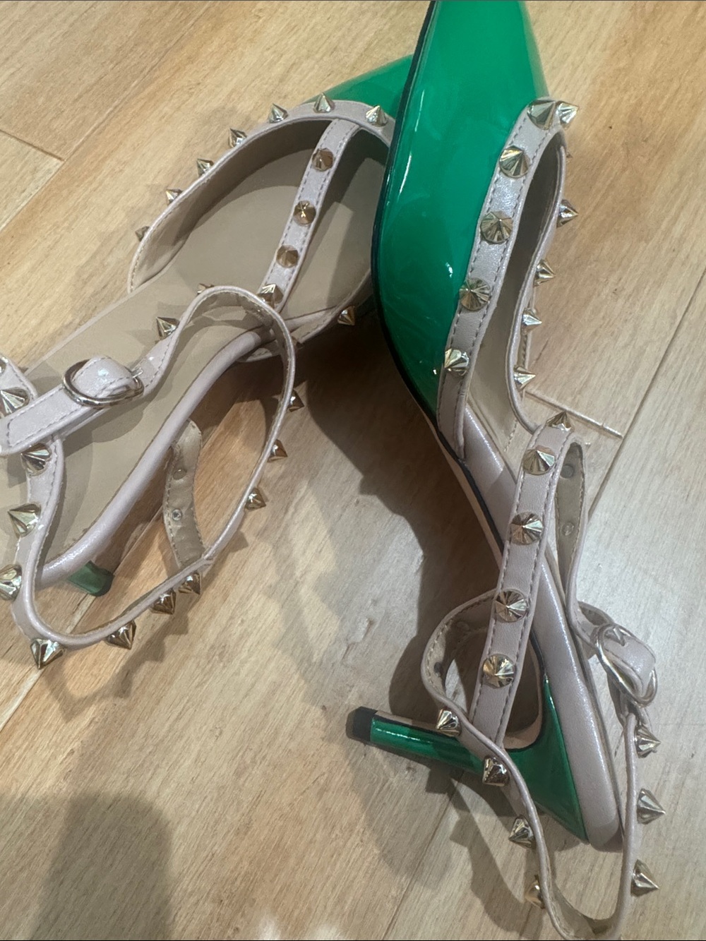 Pointed Green & Nude Studded Mary Jane heels. - Picture 2 of 2